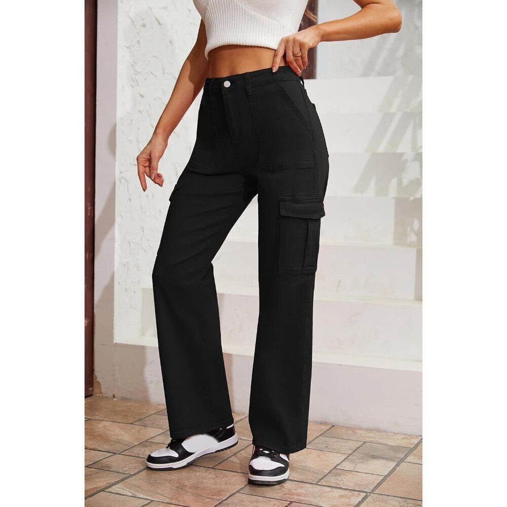 High Waist Cargo Pants Women Cotton Spandex Relaxed Fit Pockets Wide Leg - Picture 5 of 5